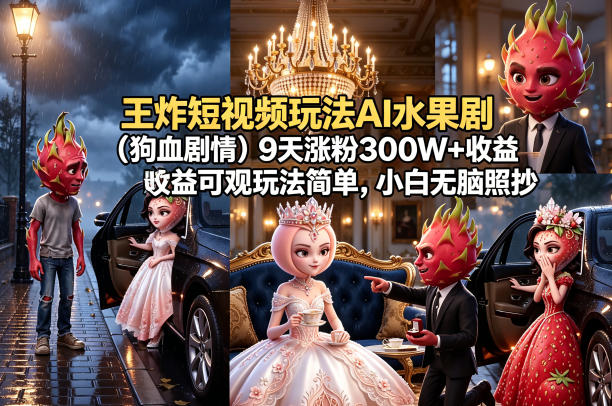 王炸短视频玩法AI水果剧(狗血剧情)9天涨粉300W+收益可观玩法简单，小白无脑照抄，详细拆解玩法-项目汇