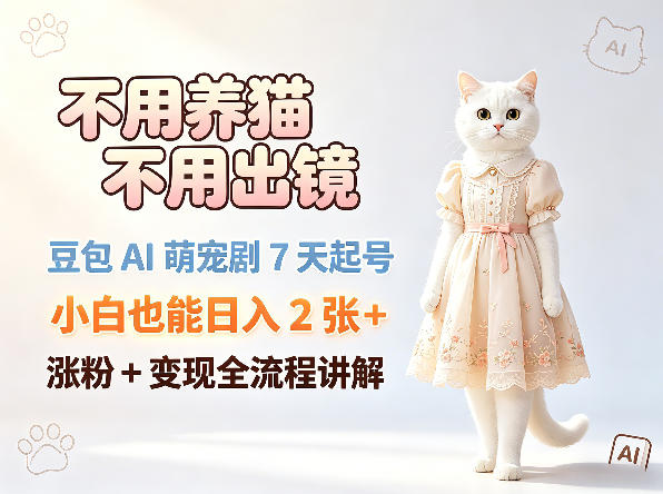 不用养猫不用出镜，豆包AI萌宠剧7天起号，小白也能日入2张+，涨粉+变现全流程讲解-项目汇