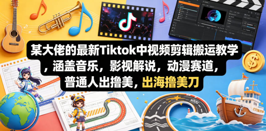 某大佬的最新Tiktok中视频剪辑搬运教学，涵盖音乐，影视解说，动漫赛道，普通人出海撸美刀-项目汇