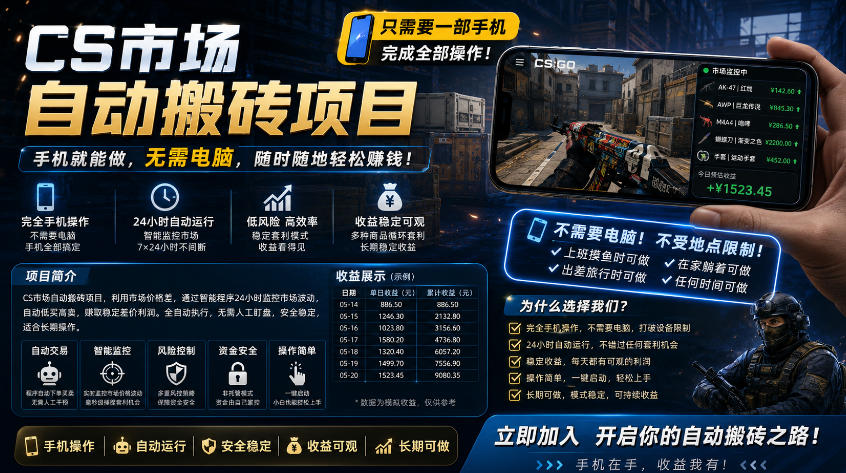 手机即可操作的CS市场自动搬砖系统｜自动监控｜自动下单|日入300+【揭秘】-项目汇