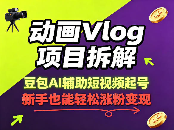 动画Vlog项目拆解，豆包AI辅助短视频起号，新手也能轻松涨粉，43条作品涨粉8.3W-项目汇