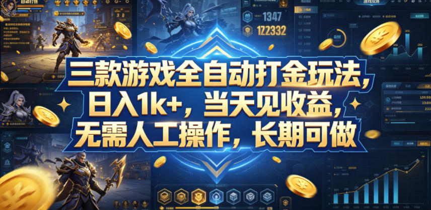 三款游戏全自动打金玩法，日入1k+，当天见收益，无需人工操作，长期可做【揭秘】-项目汇