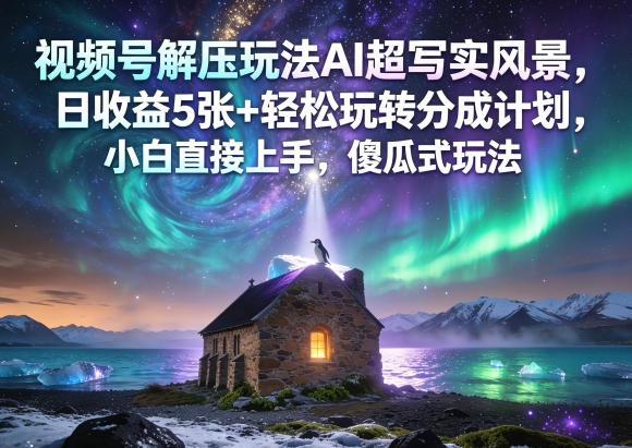 视频号解压玩法AI超写实风景，日收益5张+轻松玩转分成计划，小白直接上手，傻瓜式玩法-项目汇