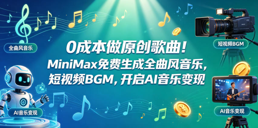 0成本做原创歌曲！MiniMax免费生成全曲风音乐，短视频BGM，开启AI音乐变现-项目汇