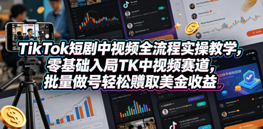 TikTok短剧中视频全流程实操教学，零基础入局TK中视频赛道，批量做号轻松賺取美金收益-项目汇