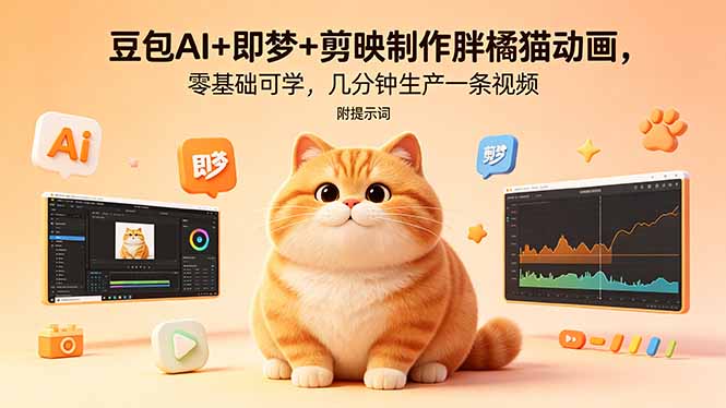 豆包AI+即梦+剪映制作胖橘猫动画，零基础可学，几分钟生产一条视频，附提示词-项目汇