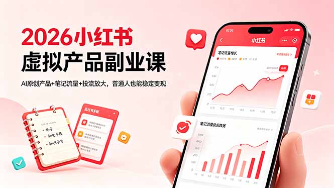 2026小红书虚拟产品副业课，AI原创产品+笔记流量+投流放大，普通人也能稳定变现-项目汇