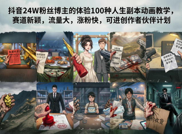 抖音24W粉丝博主的体验100种人生副本动画教学，赛道新颖，流量大，涨粉快，可进创作者伙伴计划-项目汇