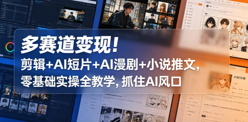 多赛道变现！剪辑+AI短片+AI漫剧+小说推文，零基础实操全教学，抓住AI风口-项目汇
