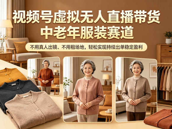视频号虚拟无人直播带货中老年服装赛道，不用真人出镜、不用租场地，轻松实现持续出单稳定盈利-项目汇