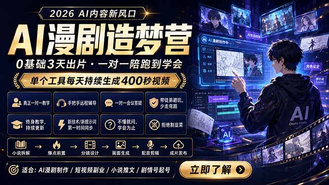 AI漫剧造梦营：0基础3天出片，单个工具每天持续生成400秒视频-项目汇