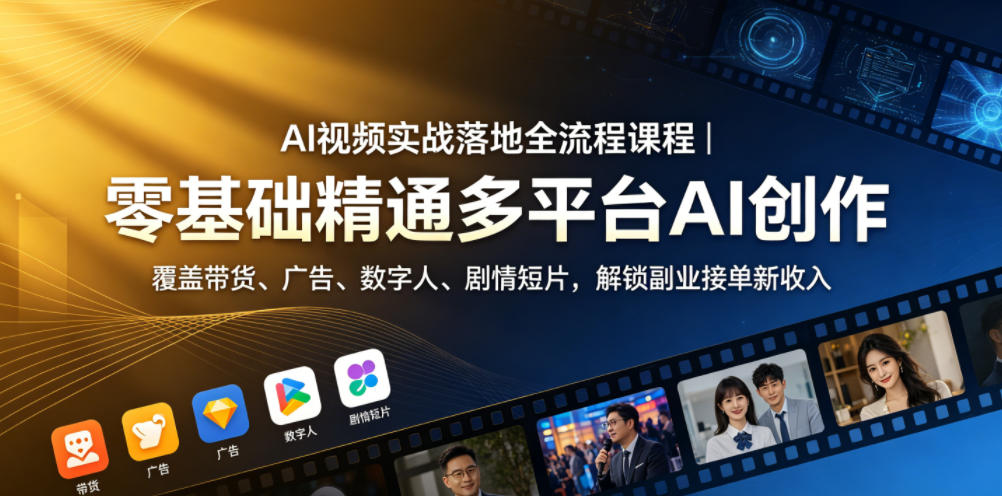 AI视频实战落地全流程课程|零基础精通多平台AI创作,覆盖带货、广告、数字人、剧情短片,解锁副业接单新收入-项目汇