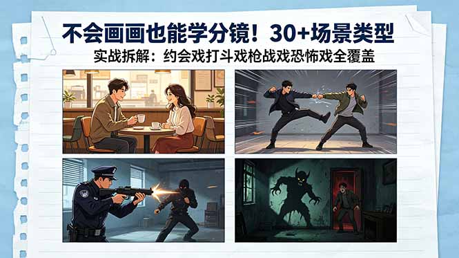 不会画画也能学分镜！30+场景类型实战拆解：约会戏打斗戏枪战戏恐怖戏全覆盖-项目汇