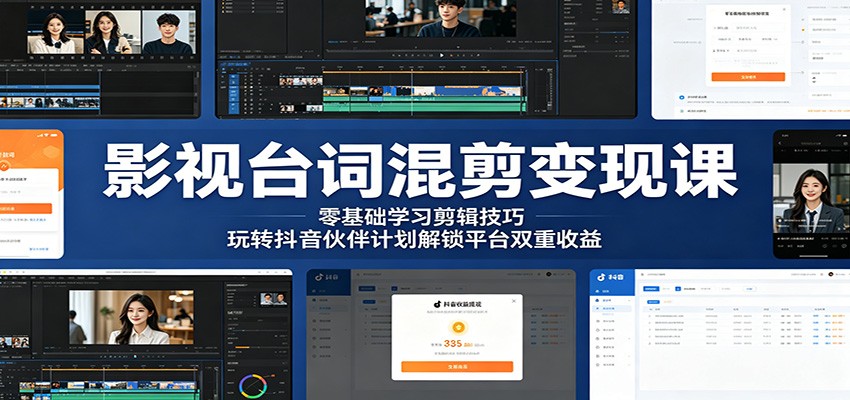影视台词混剪变现课:零基础学习剪辑技巧,玩转抖音伙伴计划解锁平台双重收益-项目汇