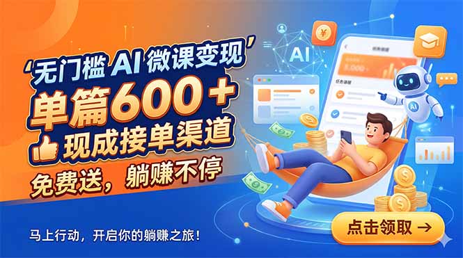 无门槛 AI 微课变现,单篇600 + 现成接单渠道,免费送,躺赚不停-项目汇