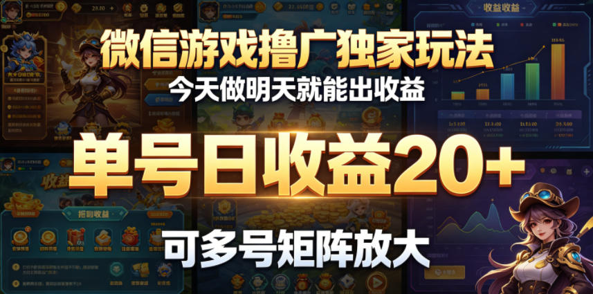 微信游戏撸广独家玩法,今天做明天就能出收益,单号日收益20+,可多号矩阵放大-项目汇