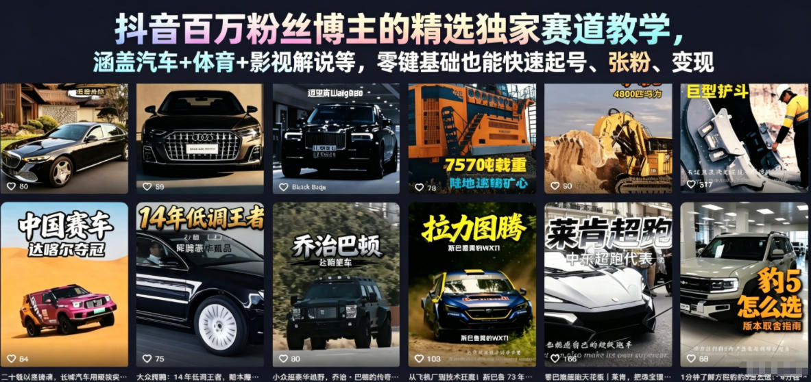 抖音百万粉丝博主的精选独家赛道教学,涵盖汽车+体育+影视解说等,零基础也能快速起号、涨粉、变现-项目汇
