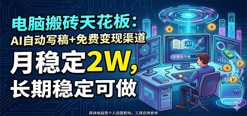 电脑搬砖天花板：AI自动写稿+免费变现渠道，月稳定2W，长期稳定可做-项目汇