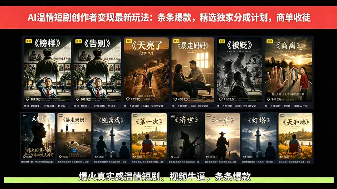 AI温情短剧创作者变现最新玩法:视频牛逼,条条爆款,精选独家分成计划,商单收徒-项目汇