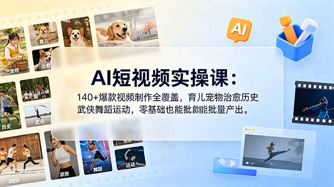 AI短视频实操课:140+爆款视频制作全覆盖,育儿宠物治愈历史武侠舞蹈运动,零基础也能批量产出-项目汇