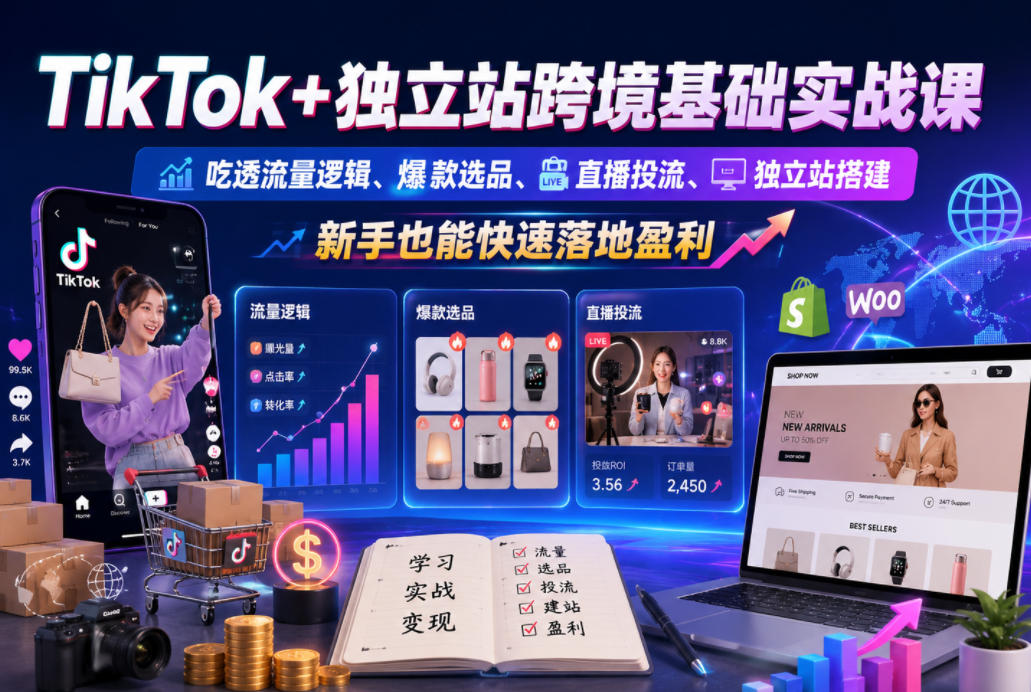 TikTok+独立站跨境基础实战课,吃透流量逻辑、爆款选品、直播投流与独立站搭建,新手也能快速落地盈利-项目汇