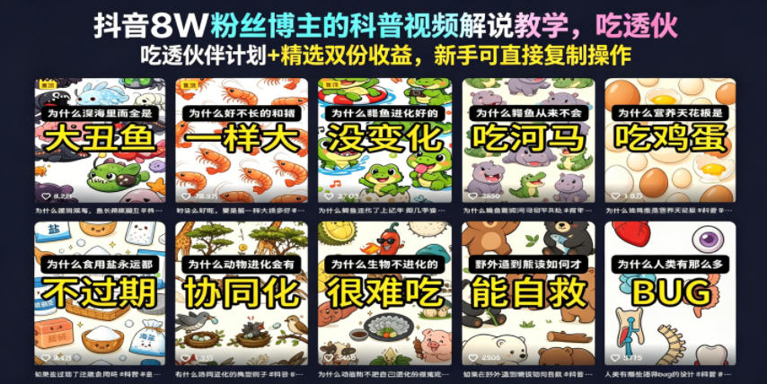 抖音8W粉丝博主的科普视频解说教学,吃透伙伴计划+精选双份收益,新手可直接复制操作-项目汇