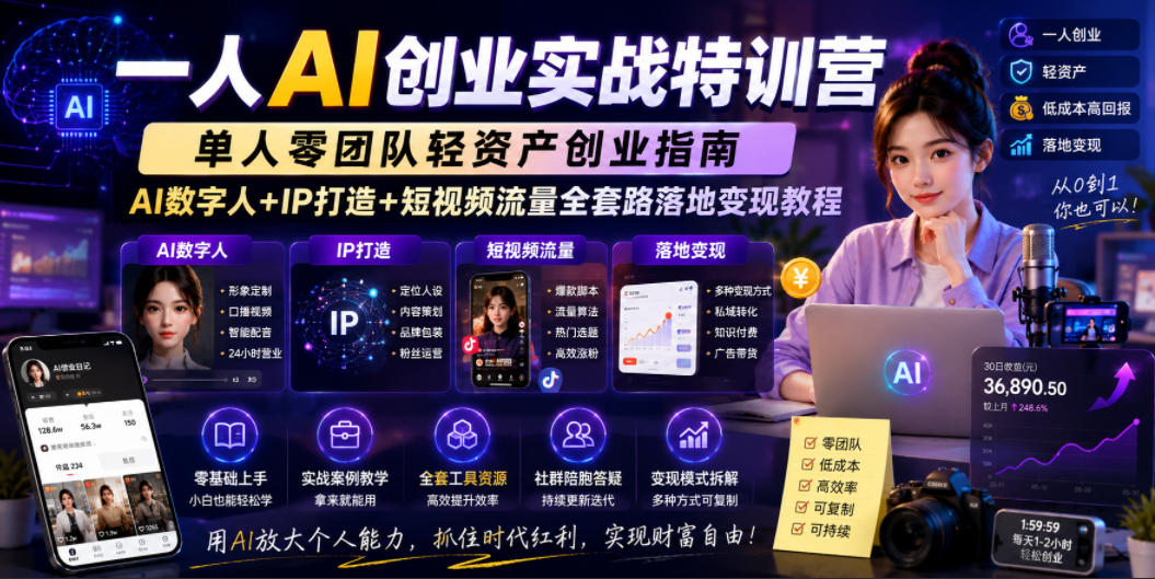 一人AI创业实战特训营，单人零团队轻资产创业指南，AI数字人+IP打造+短视频流量全套路落地变现教程-项目汇
