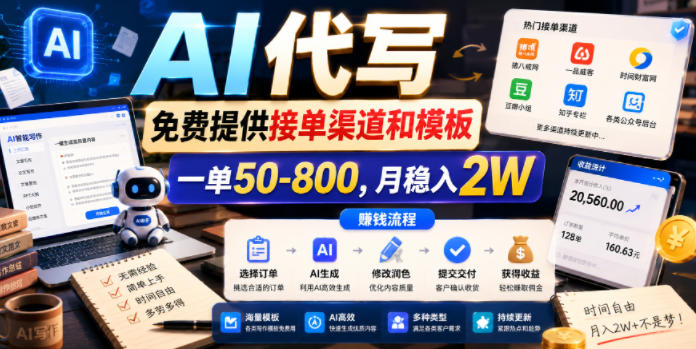 AI代写，免费提供接单渠道和模板，一单50-800，月稳入2W【揭秘】-项目汇