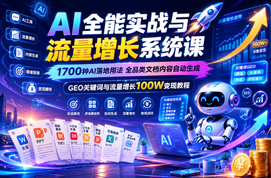 AI全能实战与流量增长系统课，1700种AI落地用法，全品类文档内容自动生成，GEO关键词与流量增长100W变现教程-项目汇