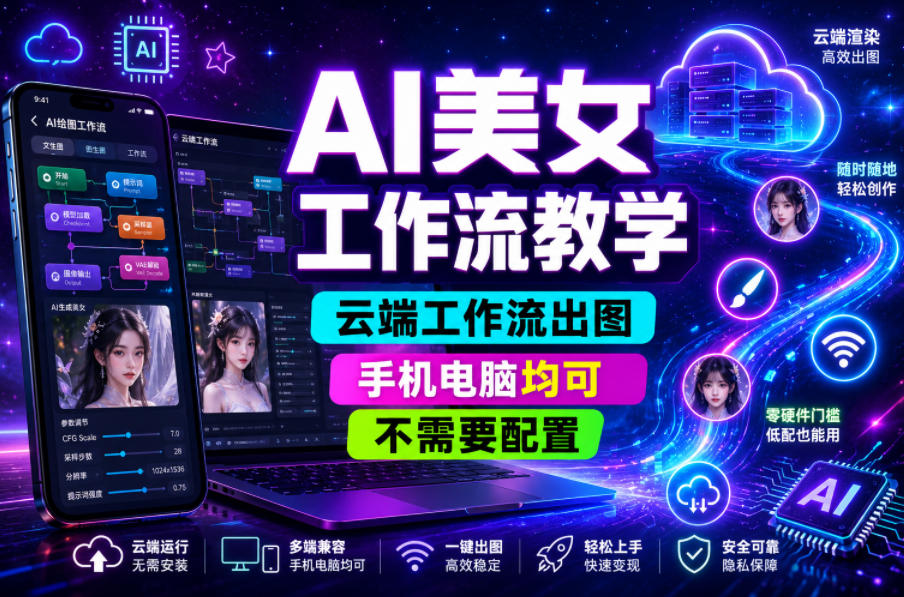 AI美女工作流教学,云端工作流出图,手机电脑均可,不需要配置,快速起号涨粉-项目汇