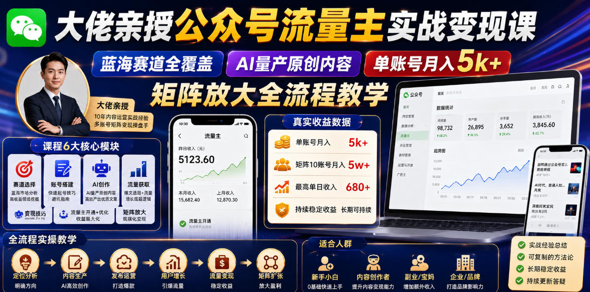 大佬亲授公众号流量主实战变现课，蓝海赛道全覆盖，AI量产原创内容，单账号月入5k+矩阵放大全流程教学-项目汇