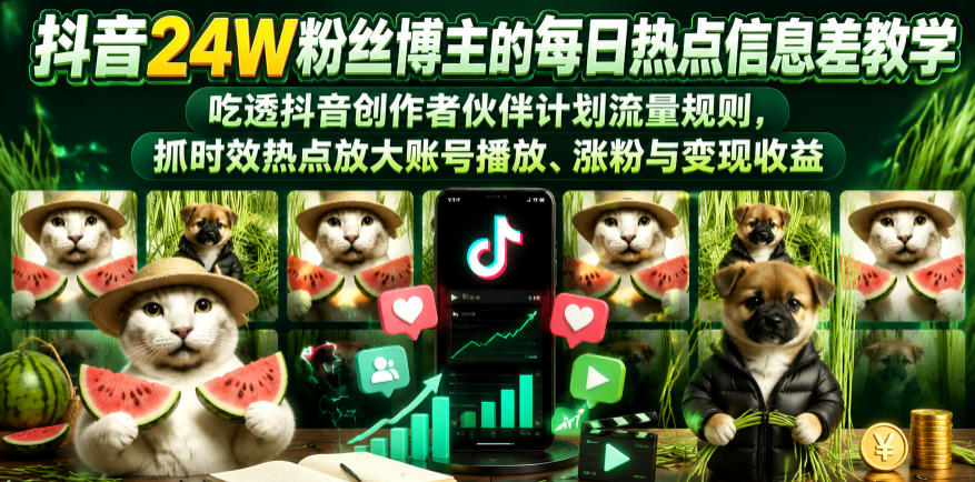 抖音24W粉丝博主的每日热点信息差教学,吃透创作者伙伴计划流量规则,抓时效热点放大账号播放、涨粉与变现收益(更新)-项目汇