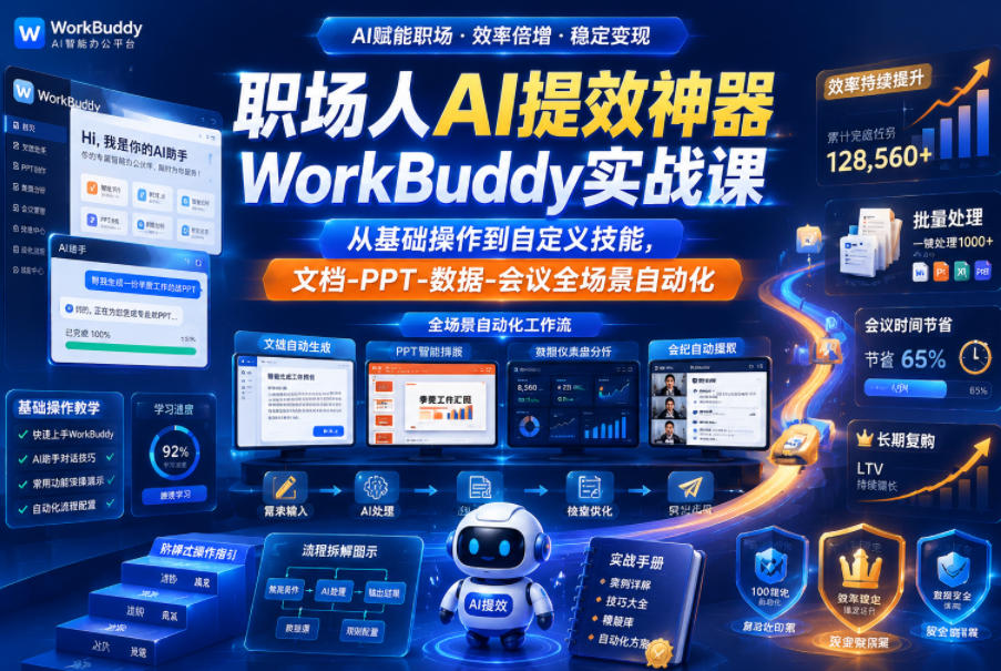 职场人AI提效神器WorkBuddy实战课,从基础操作到自定义技能,文档-PPT-数据-会议全场景自动化-项目汇