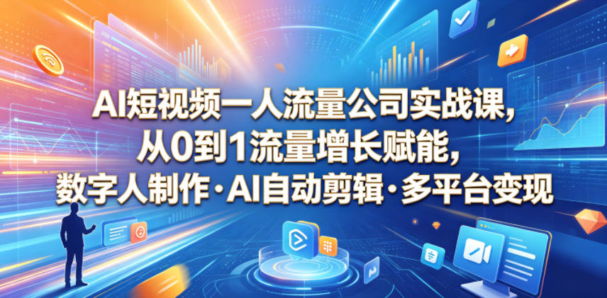 AI短视频一人流量公司实战课,从0到1流量增长赋能,数字人制作・AI自动剪辑・多平台变现,一人做流量生意全落地教程-项目汇