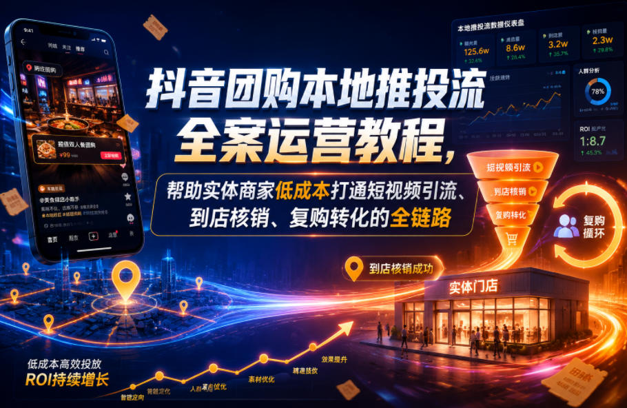 抖音团购本地推投流全案运营教程,帮助实体商家低成本打通短视频引流、到店核销、复购转化的全链路-项目汇