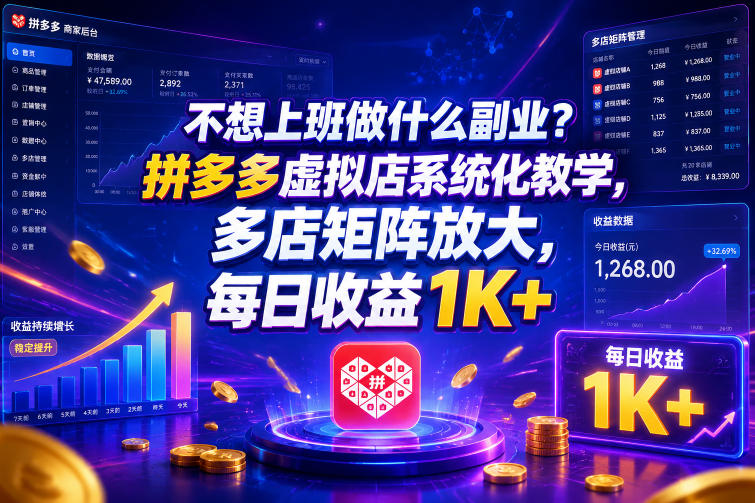 不想上班做什么副业?拼多多虚拟店系统化教学,多店矩阵放大,每日收益1K+【揭秘】-项目汇