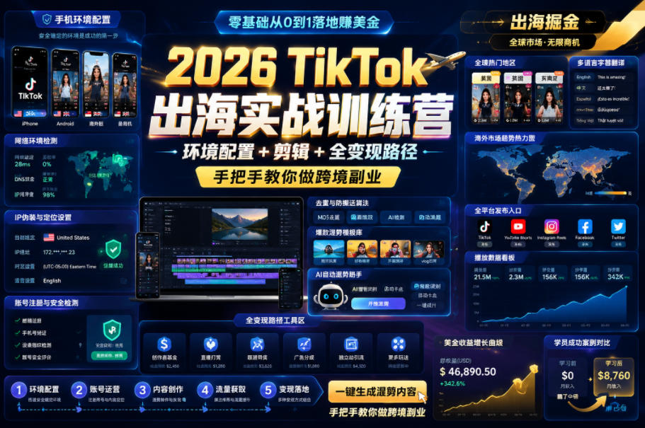 2026 TikTok出海实战训练营，环境配置 + 剪辑 + 全变现路径，手把手教你做跨境副业-项目汇