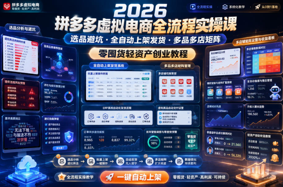 2026拼多多虚拟电商全流程实操课,选品避坑・全自动上架发货・多品多店矩阵,零囤货轻资产创业教程-项目汇