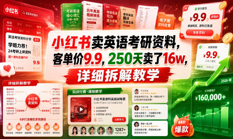 小红书卖英语考研资料,客单价9.9,250天卖了16w,详细拆解教学-项目汇