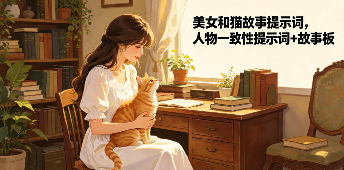 美女和猫故事提示词，人物一致性提示词+故事板-项目汇