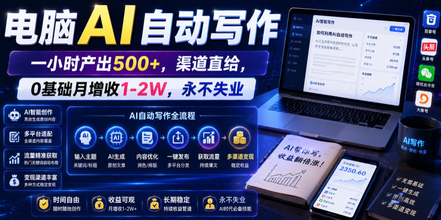 电脑AI自动写作，一小时产出500+，渠道直给，0基础月增收1-2W，永不失业【揭秘】-项目汇