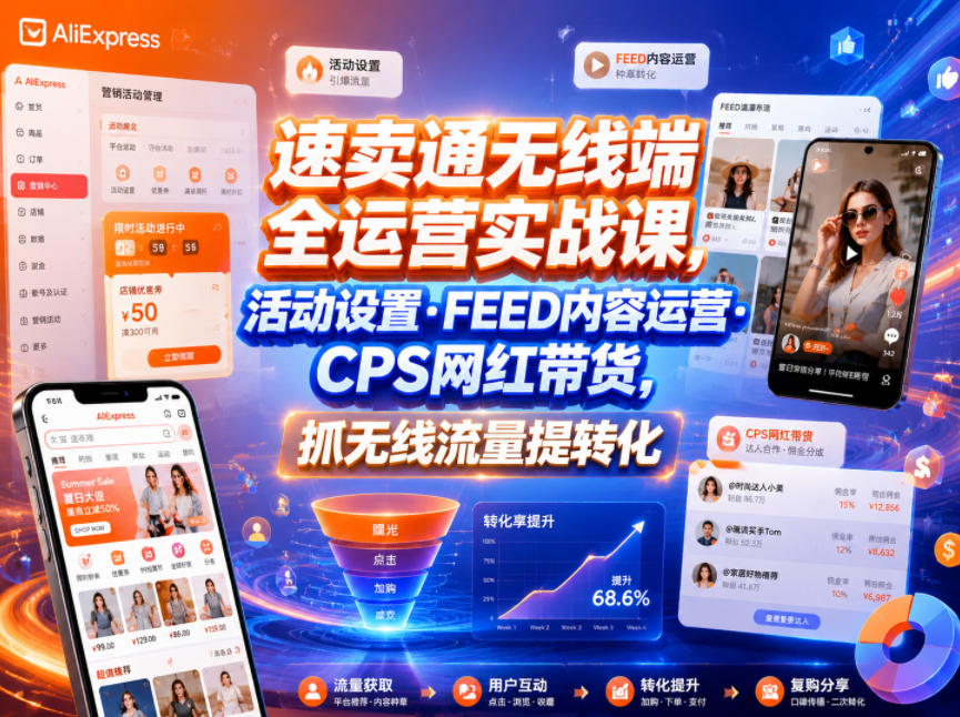 速卖通无线端全运营实战课，活动设置・FEED内容运营・CPS网红带货，抓无线流量提转化-项目汇