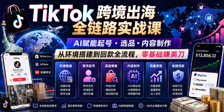 TikTok跨境出海全链路实战课，AI赋能起号・选品・内容制作，从环境搭建到回款全流程，零基础賺美刀-项目汇
