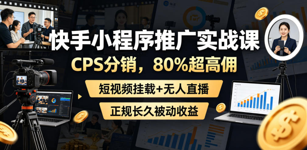 快手小程序推广实战课,CPS分销,80%超高佣,短视频挂载+无人直播,正规长久被动收益-项目汇
