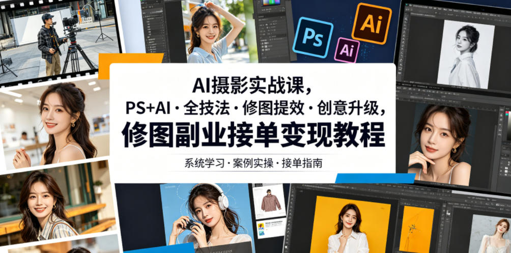 AI摄影实战课，PS+AI・全技法・修图提效・创意升级，修图副业接单变现教程-项目汇