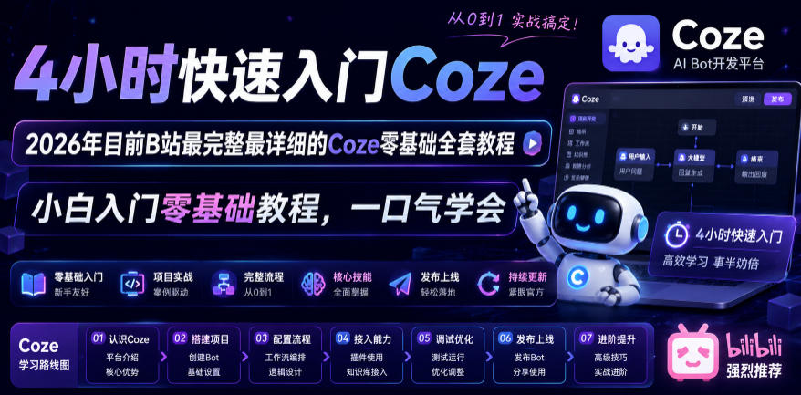 4小时快速入门Coze!2026年目前B站最完整最详细的Coze零基础全套教程,小白入门零基础教程,一口气学会!-项目汇