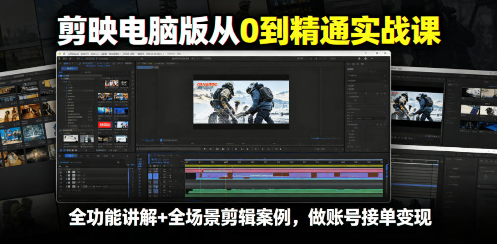 剪映电脑版从0到精通实战课,全功能讲解+全场景剪辑案例,做账号接单变现-项目汇