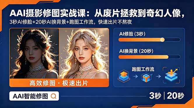 AI摄影修图实战课：从废片拯救 到 奇幻人像，3秒AI修脸+20秒AI换背景+跑图工作流，快速出片不熬夜-项目汇