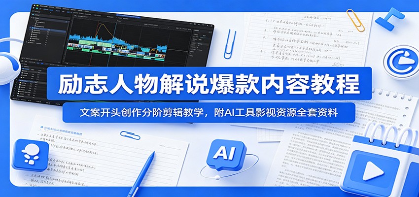 励志人物解说爆款内容教程：文案开头创作分阶剪辑教学，附AI 工具影视资源全套资料-项目汇