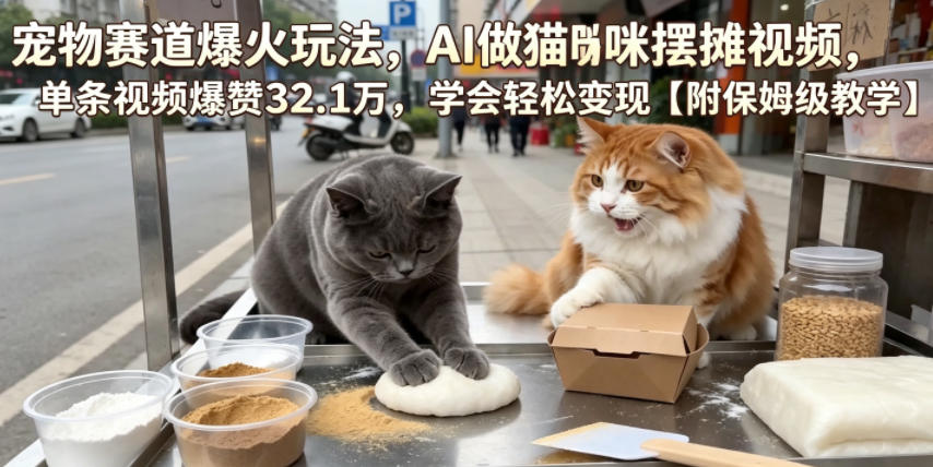 宠物赛道爆火玩法，AI做猫咪摆摊视频，单条视频爆赞32.1万，学会轻松变现【附保姆级教学】-项目汇